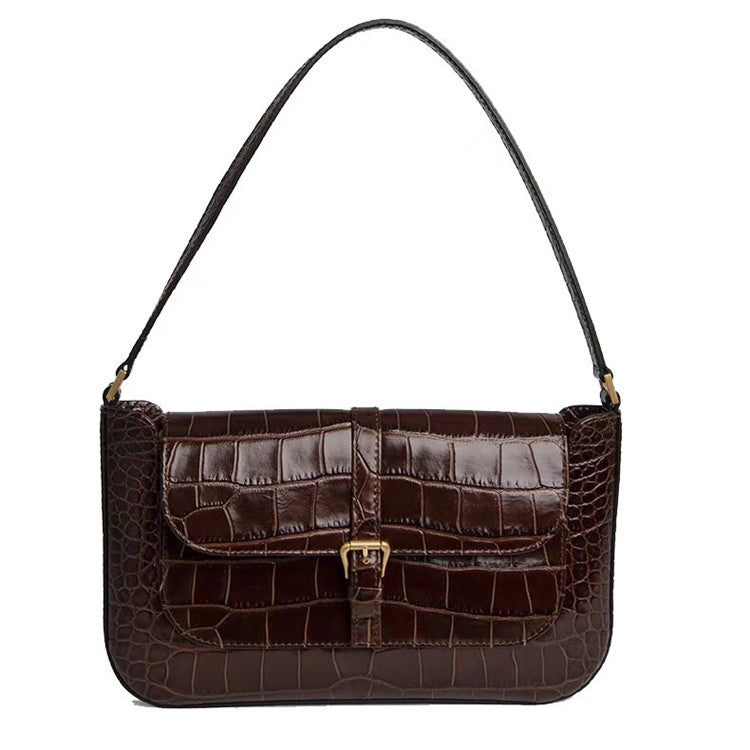 Women's Crocodile Pattern Niche Underarm Baguette Genuine Shoulder Bags