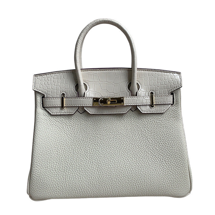 Women's Layer Cowhide Lychee Pattern Stitching Crocodile Large Capacity Handbags