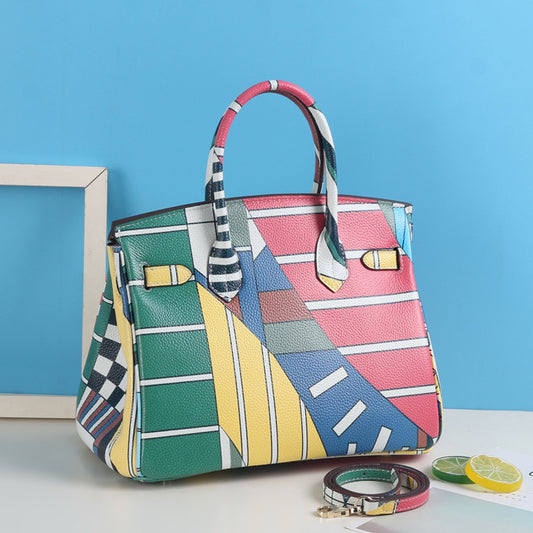 Women's Litchi Pattern Top Layer Cowhide Print Painted Genuine Handbags