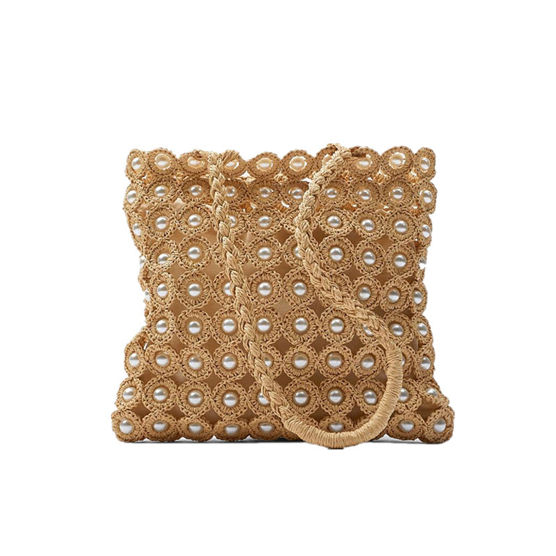 Women's Pearl Inlaid Woven Shopping Straw Summer Shoulder Bags
