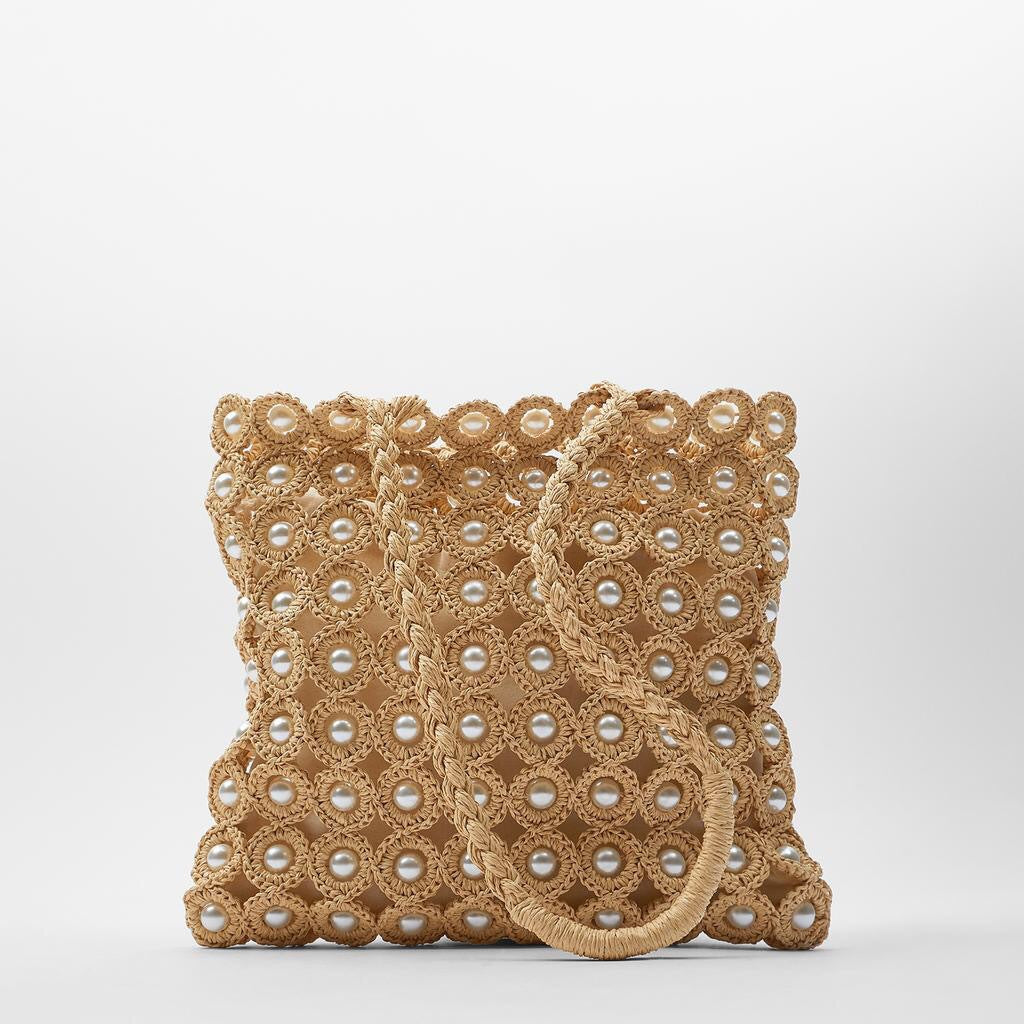 Women's Pearl Inlaid Woven Shopping Straw Summer Shoulder Bags