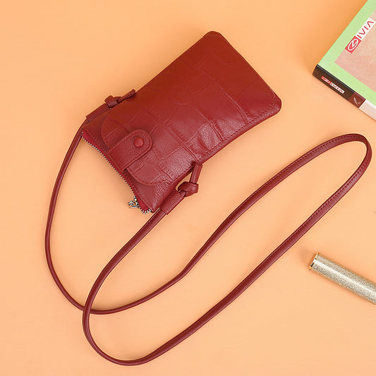 Women's Layer Cowhide Stone Pattern Versatile Vertical One Phone Bags