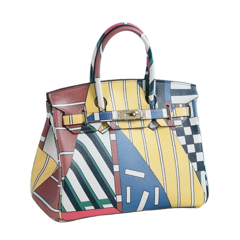 Women's Litchi Pattern Top Layer Cowhide Print Painted Genuine Handbags
