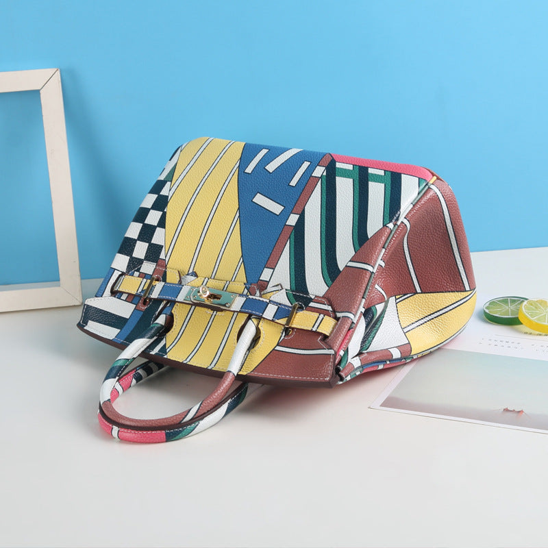 Women's Litchi Pattern Top Layer Cowhide Print Painted Genuine Handbags