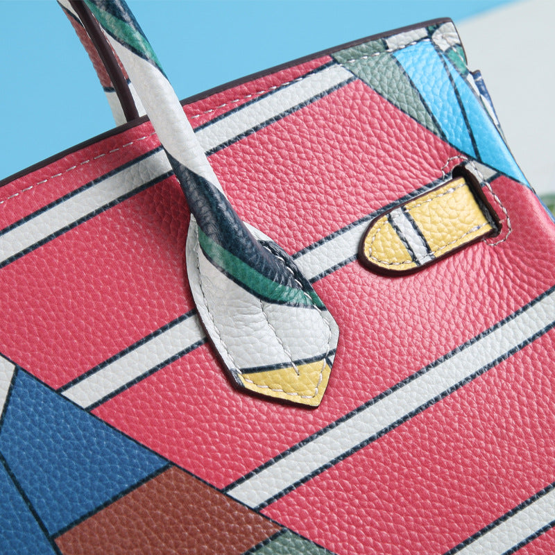 Women's Litchi Pattern Top Layer Cowhide Print Painted Genuine Handbags