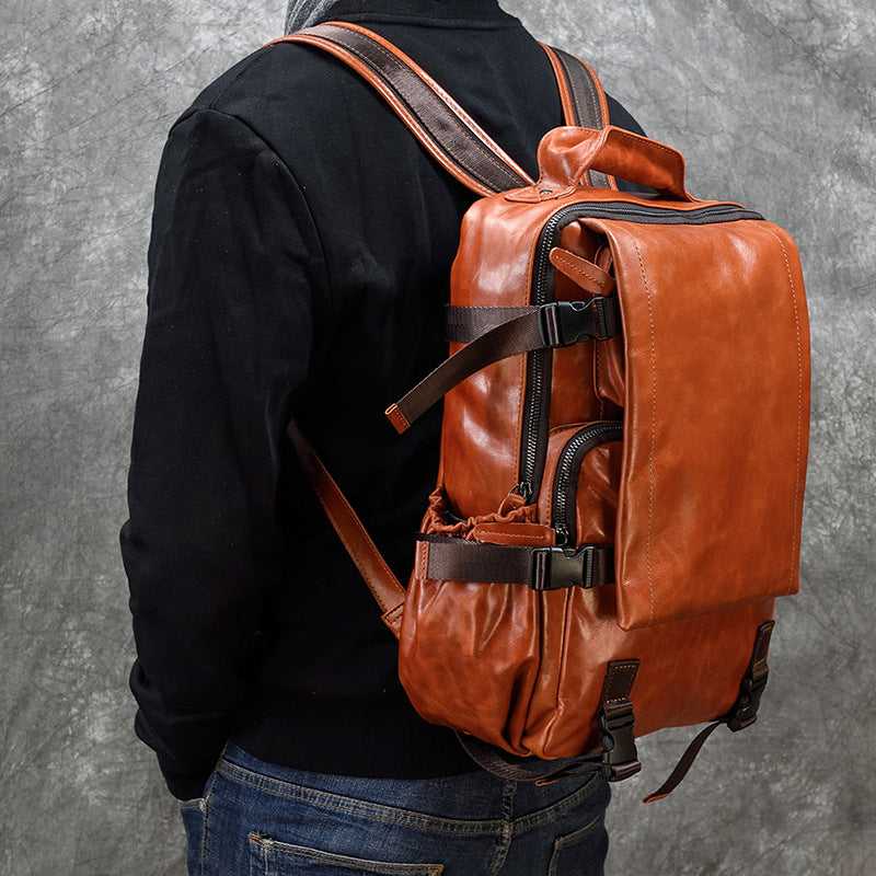 Men's Korean Style Genuine Leather Cowhide Flip Large Backpacks