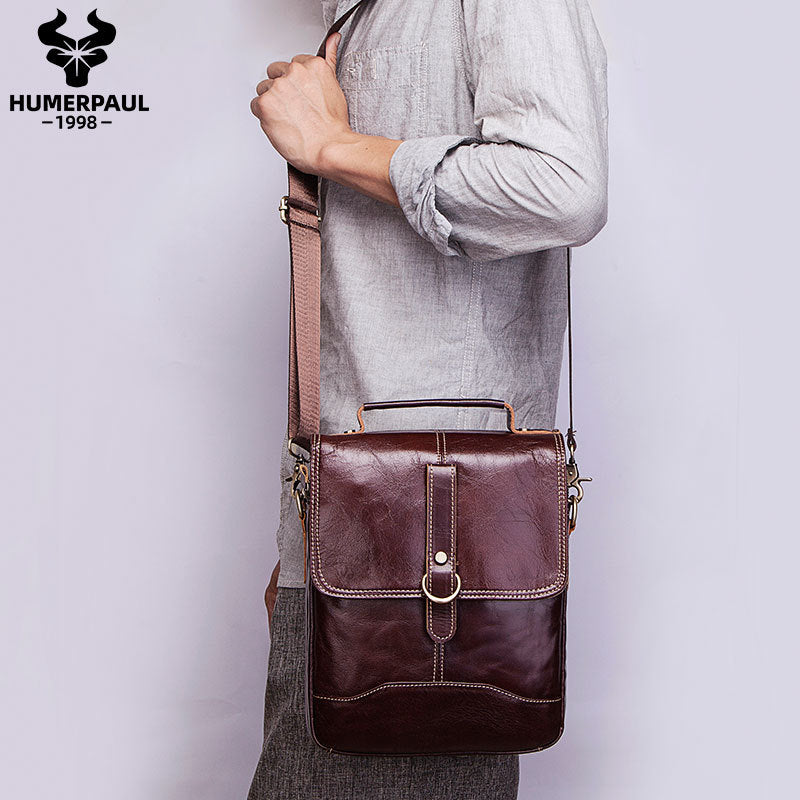 Men's Layer Cowhide Flip Double Zipper Vertical Bags