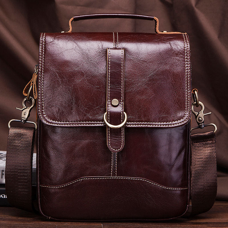 Men's Layer Cowhide Flip Double Zipper Vertical Bags