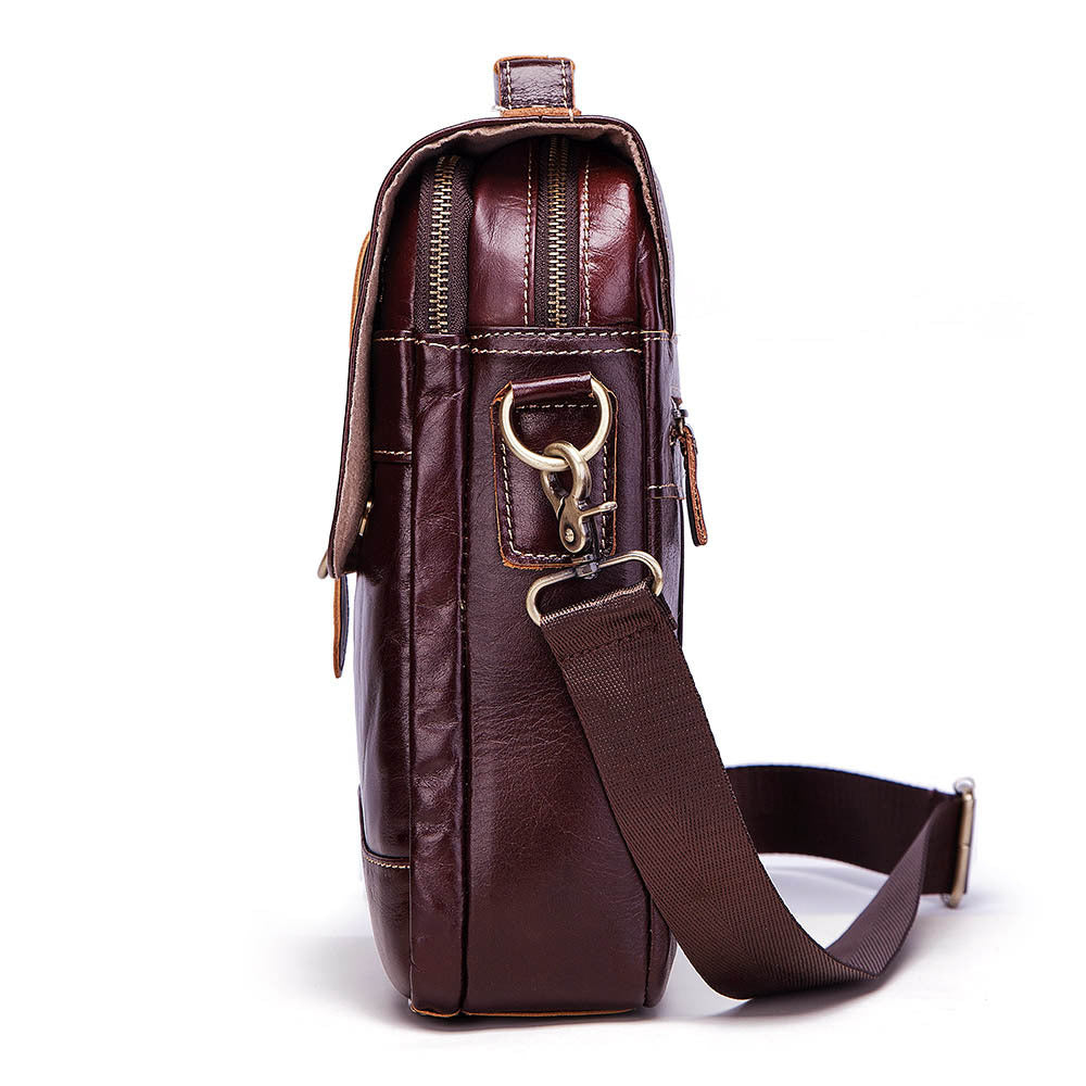 Men's Layer Cowhide Flip Double Zipper Vertical Bags