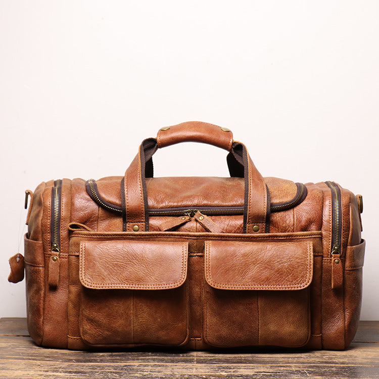 Men's Retro Frosted Leather Portable Genuine Short Travel Bags