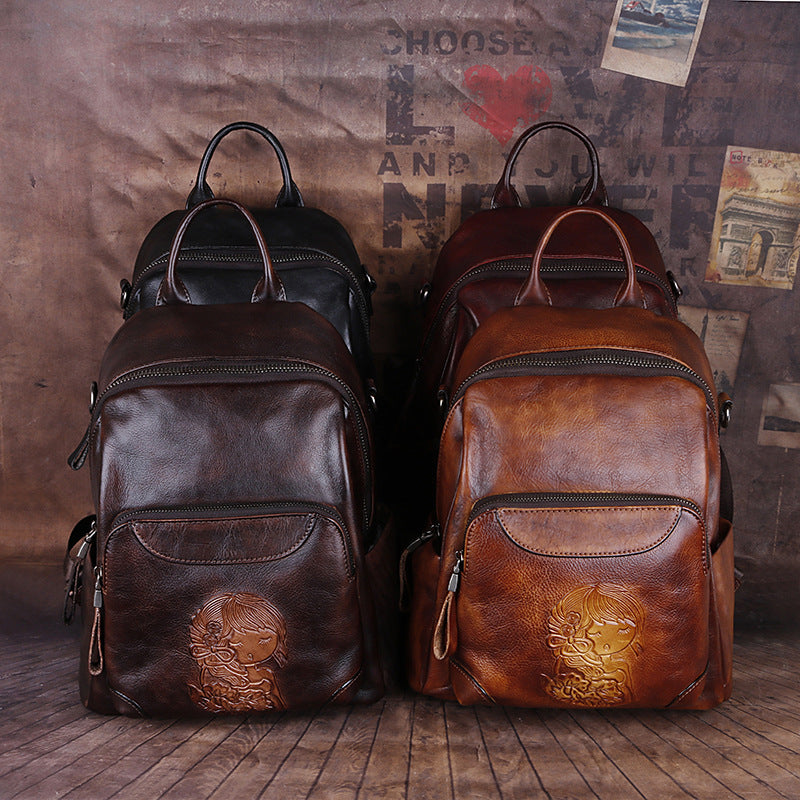 Women's First Layer Cowhide Chinese Style Retro Backpacks