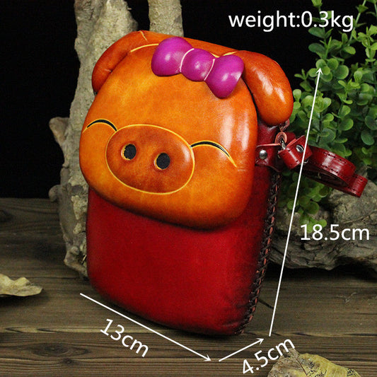Handmade Vegetable Tanned Leather Pig Monkey Cute Men's Messenger Bags