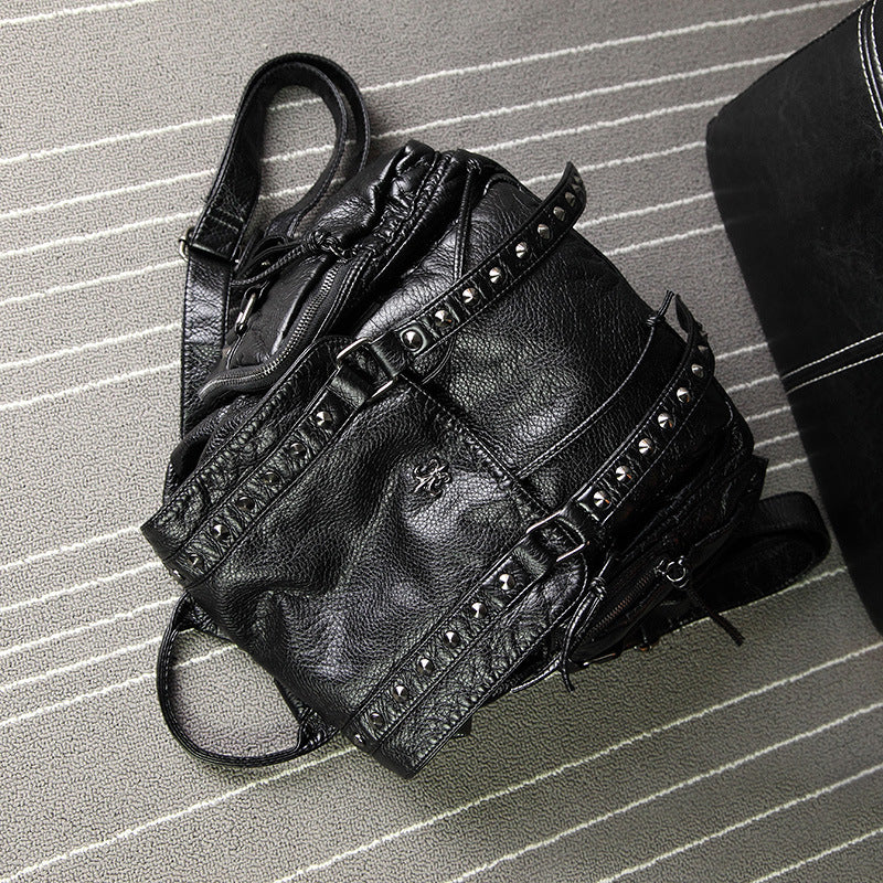 Women's Rivet Fashion Washed Leather Trendy Backpacks