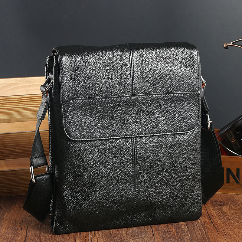 Men's Layer Cowhide Lychee Pattern Business Vertical Men's Shoulder Bags
