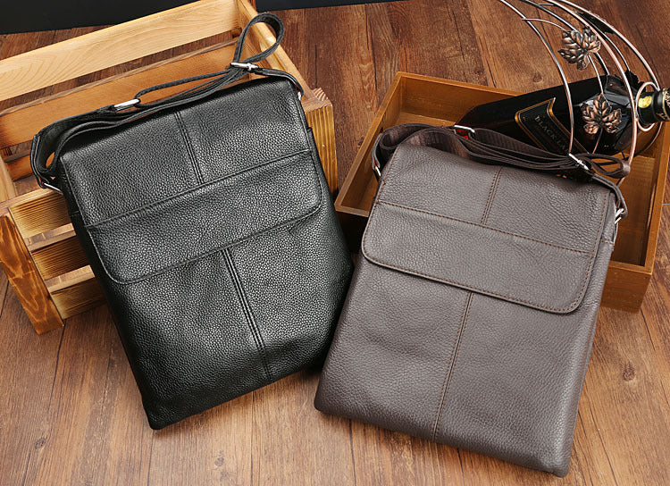 Men's Layer Cowhide Lychee Pattern Business Vertical Men's Shoulder Bags