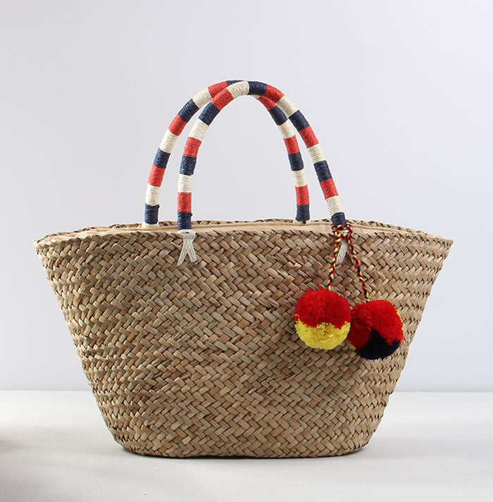 Women's Capacity Straw Fur Ball Woven Vacation Bags