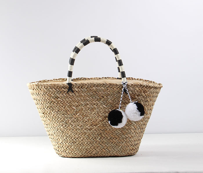 Women's Capacity Straw Fur Ball Woven Vacation Bags