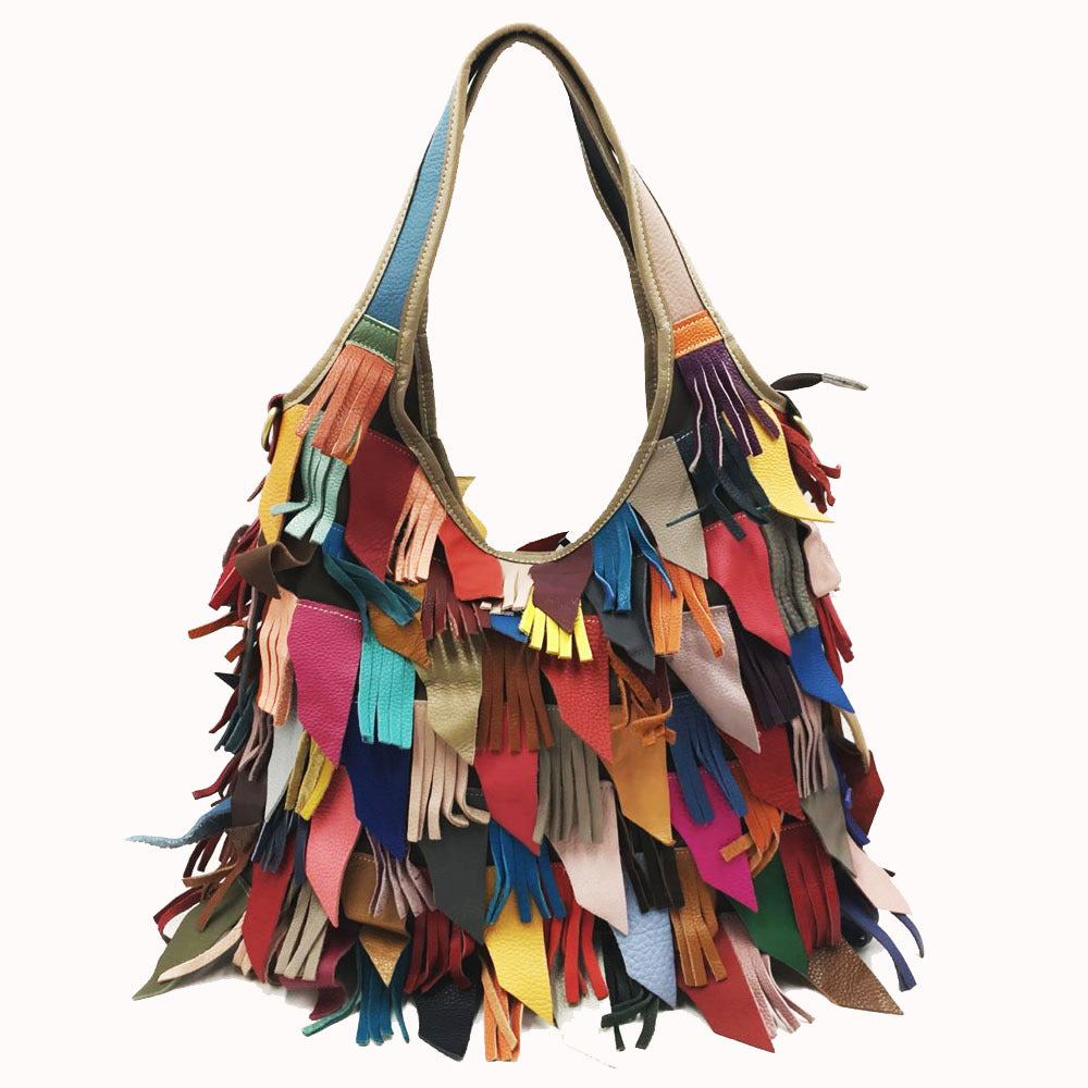 Lady's Genuine Leather Tassel Stitching Colorful Crossbody Bags