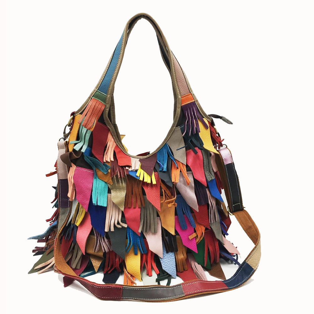 Lady's Genuine Leather Tassel Stitching Colorful Crossbody Bags