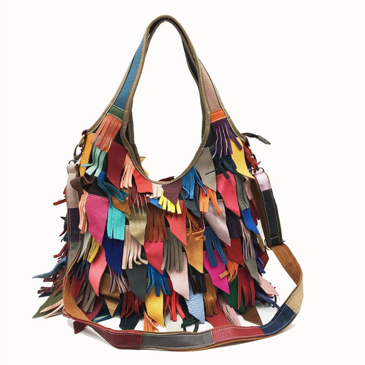 Lady's Genuine Leather Tassel Stitching Colorful Crossbody Bags