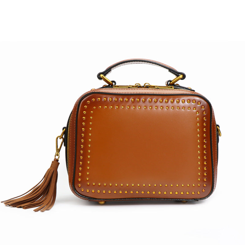 Women's Rivet Fashion Tassel Genuine Leather Portable Bags