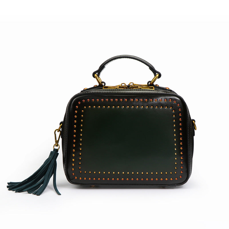 Women's Rivet Fashion Tassel Genuine Leather Portable Bags
