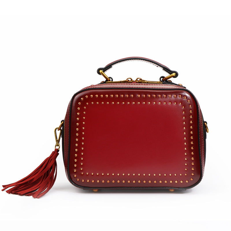 Women's Rivet Fashion Tassel Genuine Leather Portable Bags
