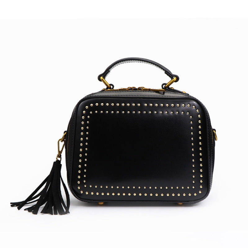 Women's Rivet Fashion Tassel Genuine Leather Portable Bags