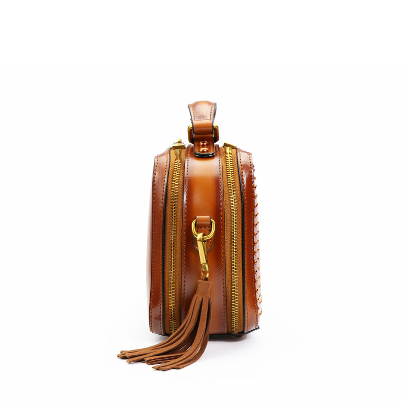 Women's Rivet Fashion Tassel Genuine Leather Portable Bags
