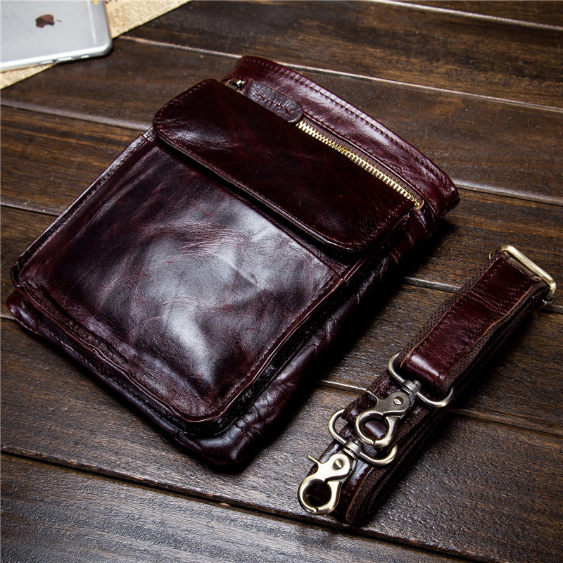 Men's Leather Oil Wax Pants Pannier Mobile Men's Waist Packs
