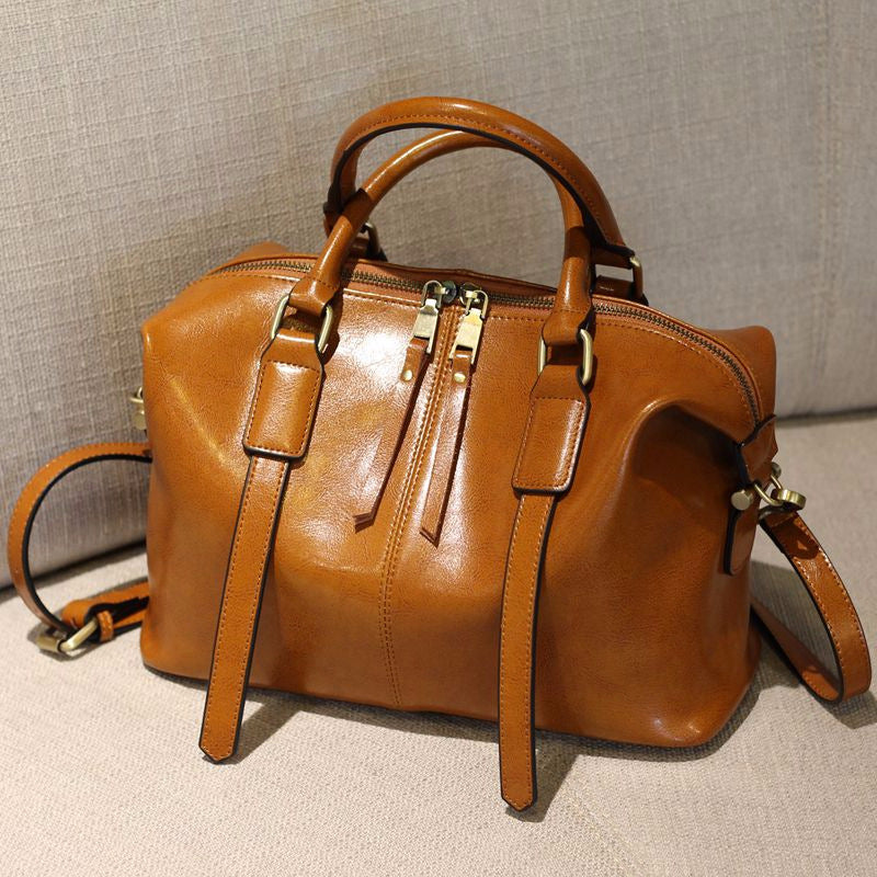 Women's Retro Portable Boston Simple Leather Fashionable Shoulder Bags