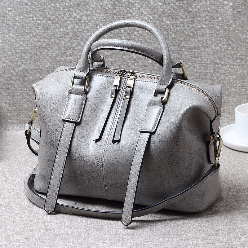 Women's Retro Portable Boston Simple Leather Fashionable Shoulder Bags