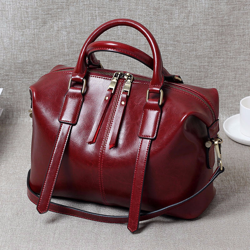 Women's Retro Portable Boston Simple Leather Fashionable Shoulder Bags