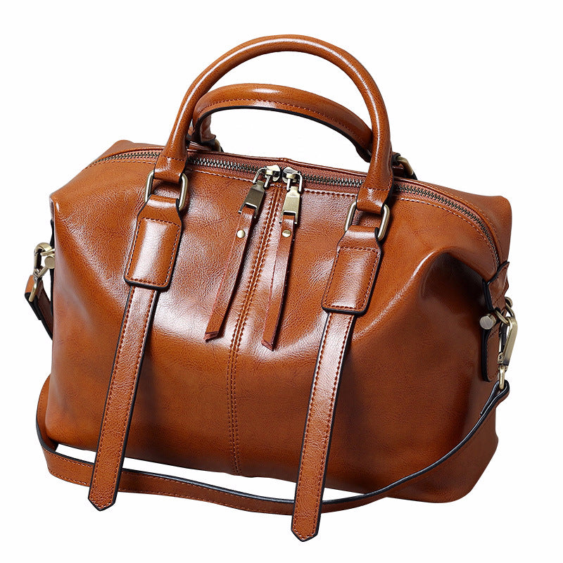 Women's Retro Portable Boston Simple Leather Fashionable Shoulder Bags