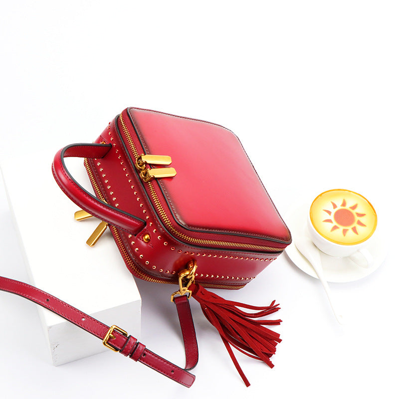 Women's Retro Rivet Cowhide Tassel Fashion Shoulder Bags