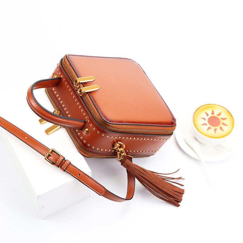 Women's Retro Rivet Cowhide Tassel Fashion Shoulder Bags