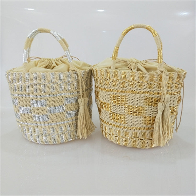 Gold Sier Woven Straw Hand-woven Beach Shoulder Bags