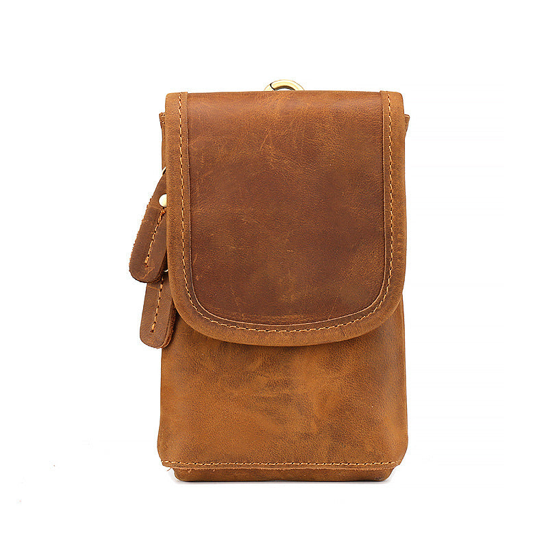 Men's First Layer Yellow Cowhide Retro Simple Mobile People Phone Bags