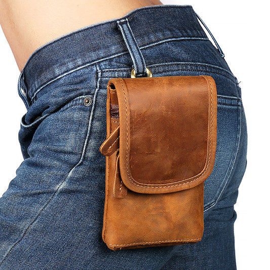 Men's First Layer Yellow Cowhide Retro Simple Mobile People Phone Bags