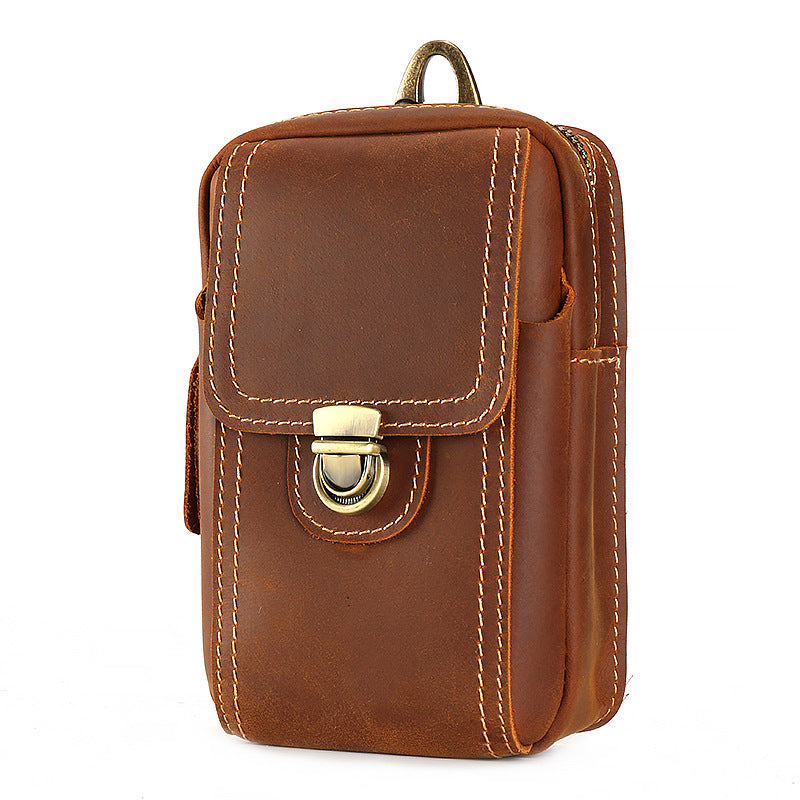 Men's Crazy Horse Leather Vertical Mobile Perforating Men's Waist Packs
