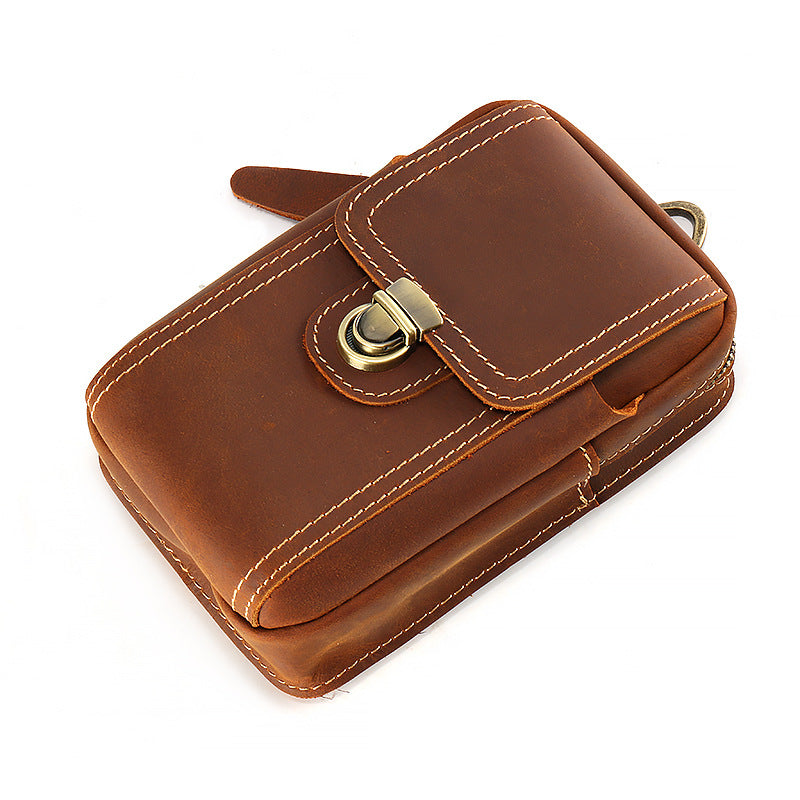 Men's Crazy Horse Leather Vertical Mobile Perforating Men's Waist Packs