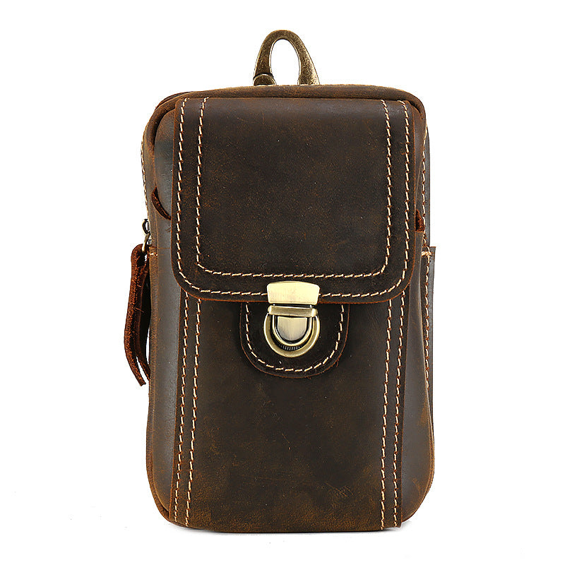 Men's Crazy Horse Leather Vertical Mobile Perforating Men's Waist Packs