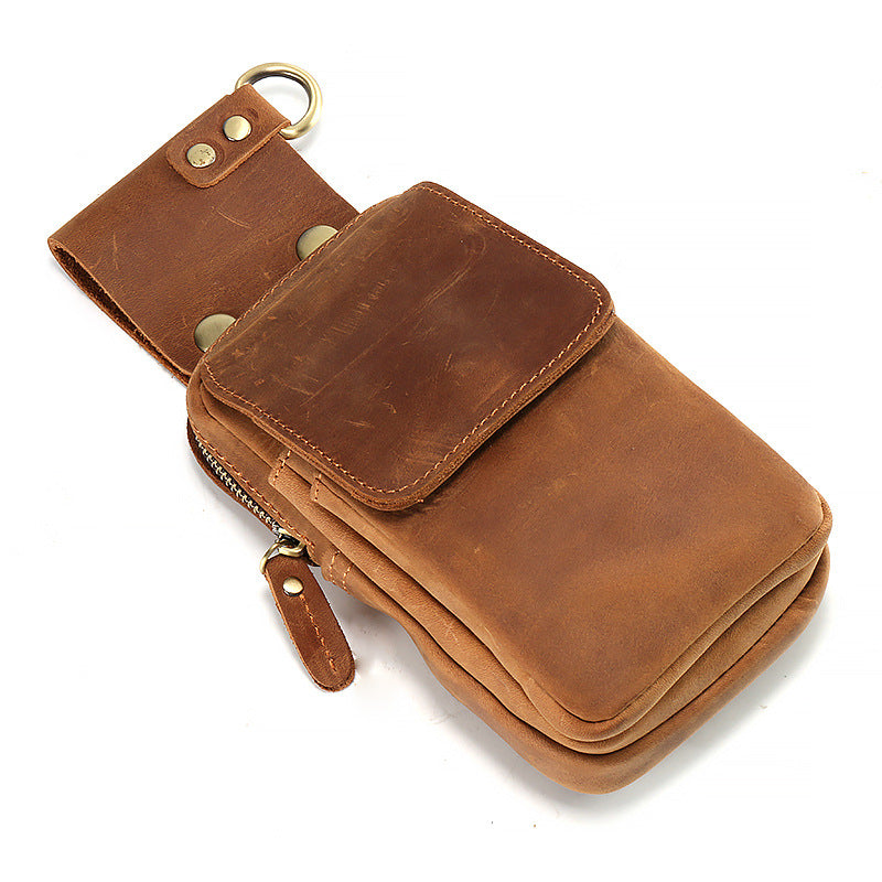 Men's Mattes Crazy Horse Leather Mobile Vertical Perforating Men's Waist Packs