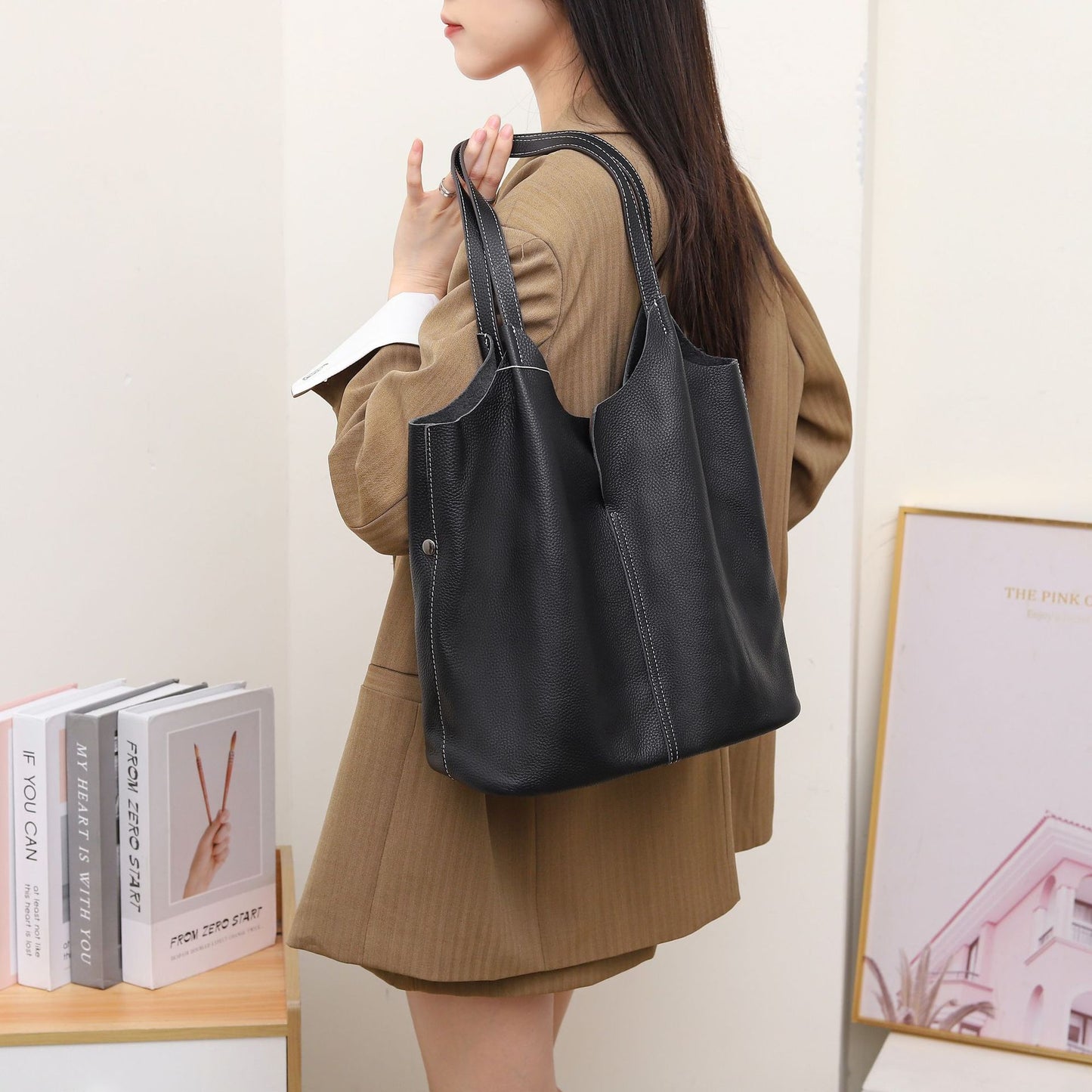 Big Litchi Pattern First Layer Cowhide Shoulder Bags