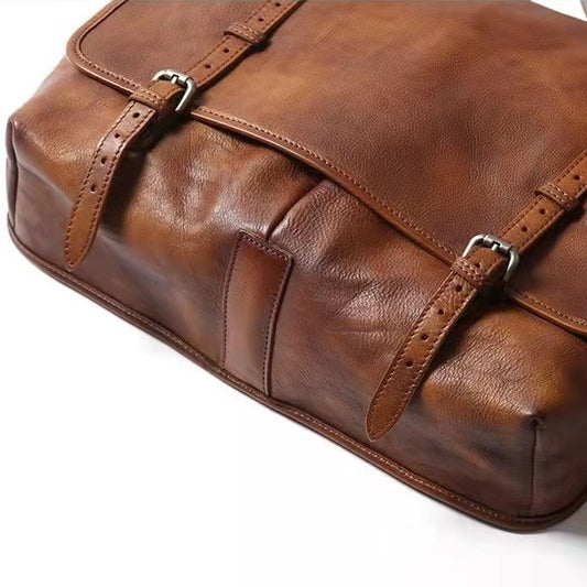 Men's Retro Cowhide Commuter Portable Green Motorcycle Men's Messenger Bags