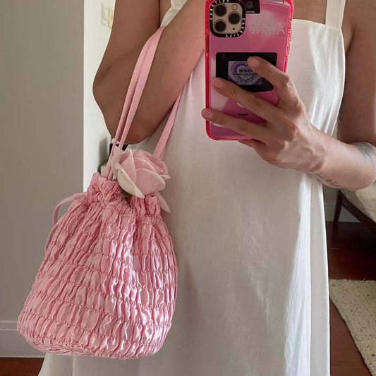 Women's High-grade Minority Fashion Simple Satin Pleated Drawstring Bucket Bags