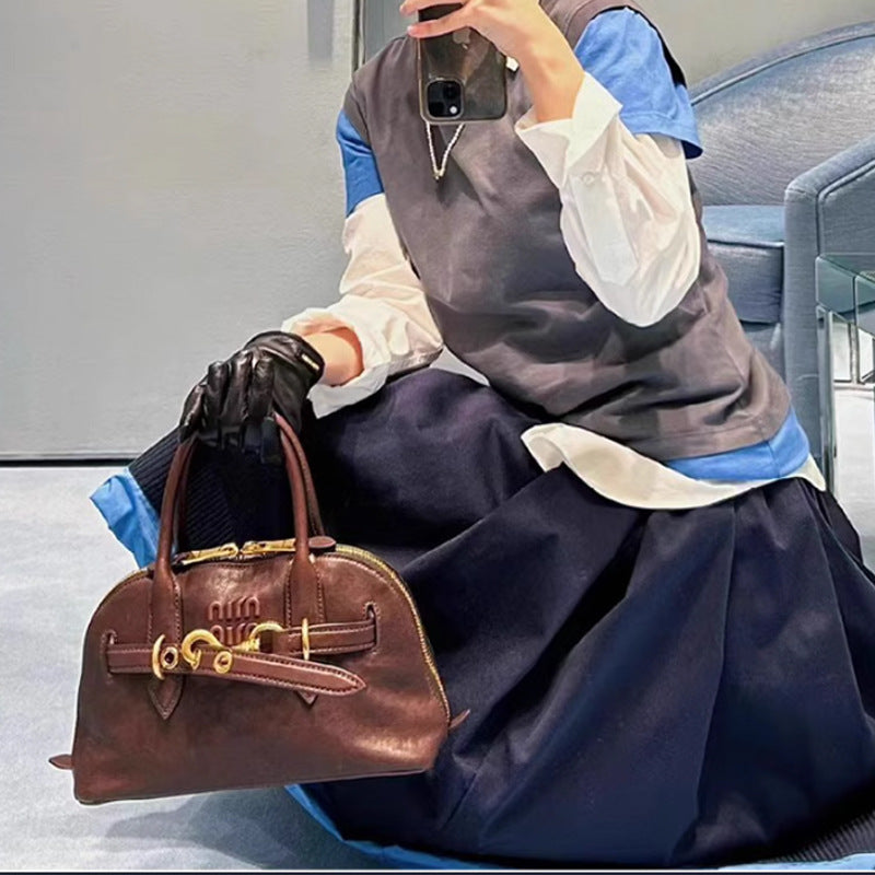 Women's Italian Shell Retro Bowling Genuine Leather Bags