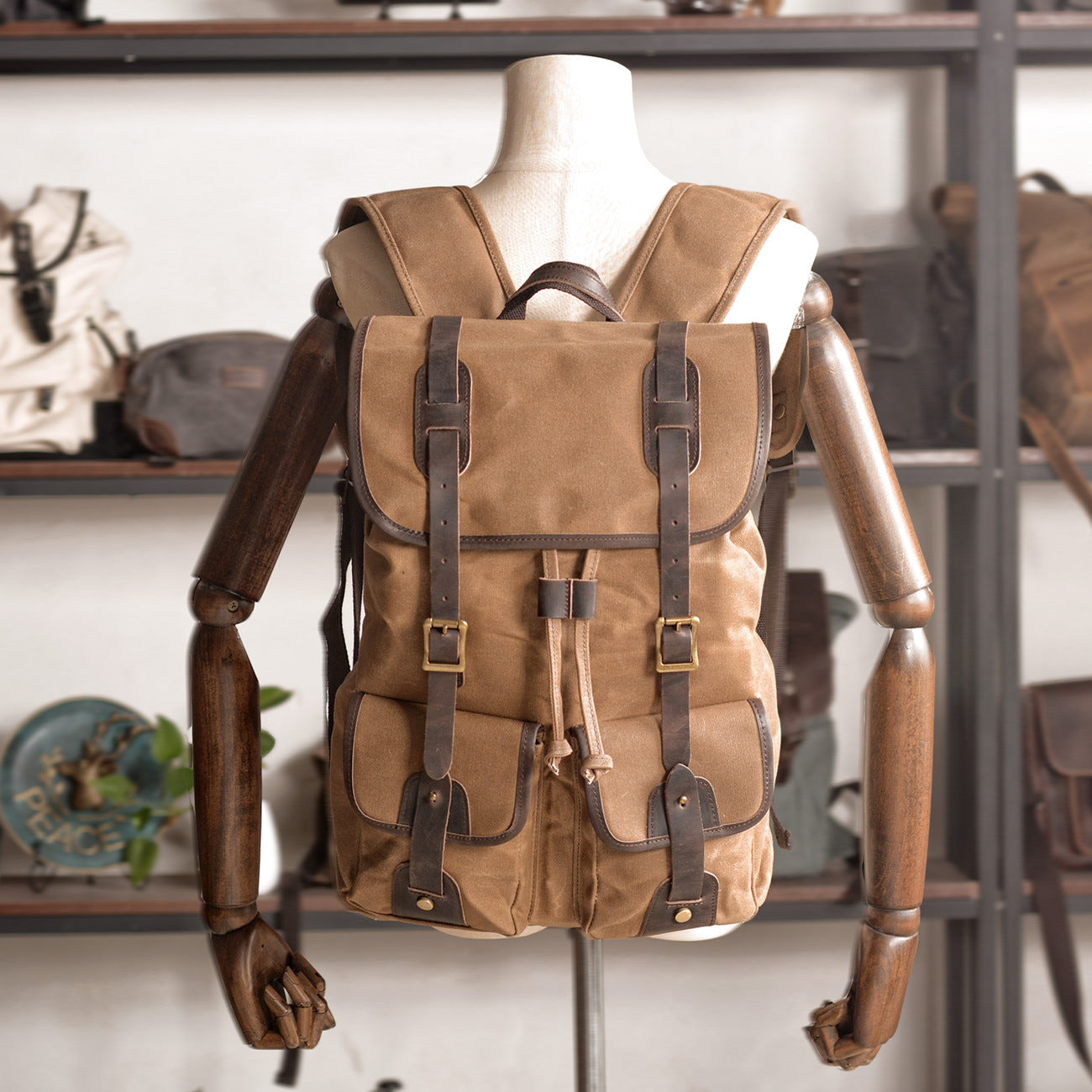Large Capacity Canvas Stitching Crazy Horse Leather Hiking Backpacks