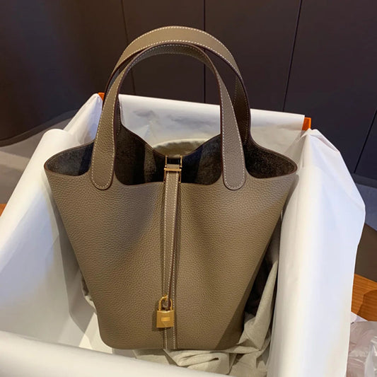 Women's Color Matching Vegetable Basket Genuine Leather Litchi Pattern Handbags