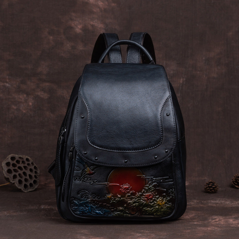 Large Capacity Retro Embossing Craft Straight Hair Artistic Backpacks